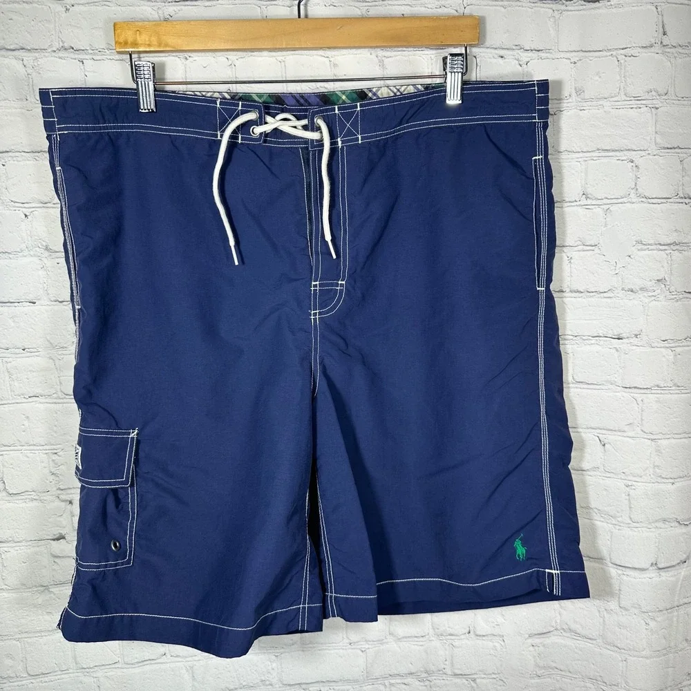 Polo Ralph Lauren Mens Swim Trunks XL Navy Blue Green Pony Cargo Pocket Shorts